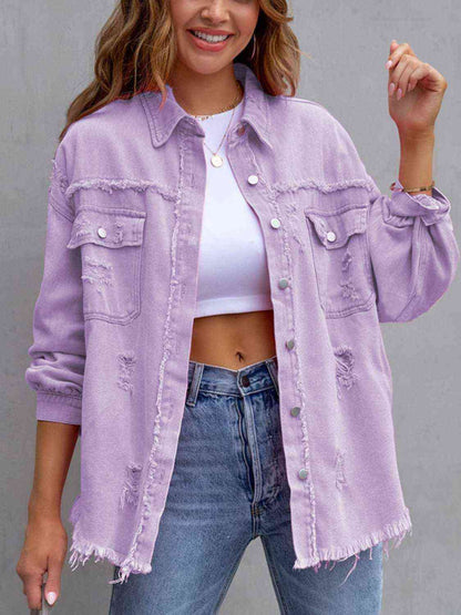 Distressed Drop Shoulder Denim Jacket - LustMia