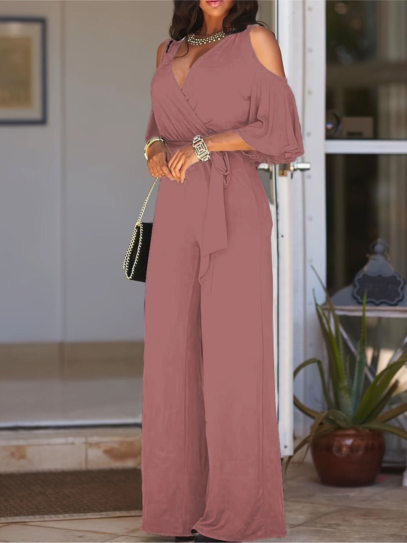 Elegant Cold Shoulder Vneck Jumpsuit - LustMia