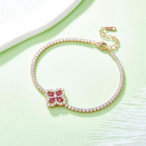 Lab - Grown Ruby 925 Sterling Silver Flower Shape Bracelet - LustMia