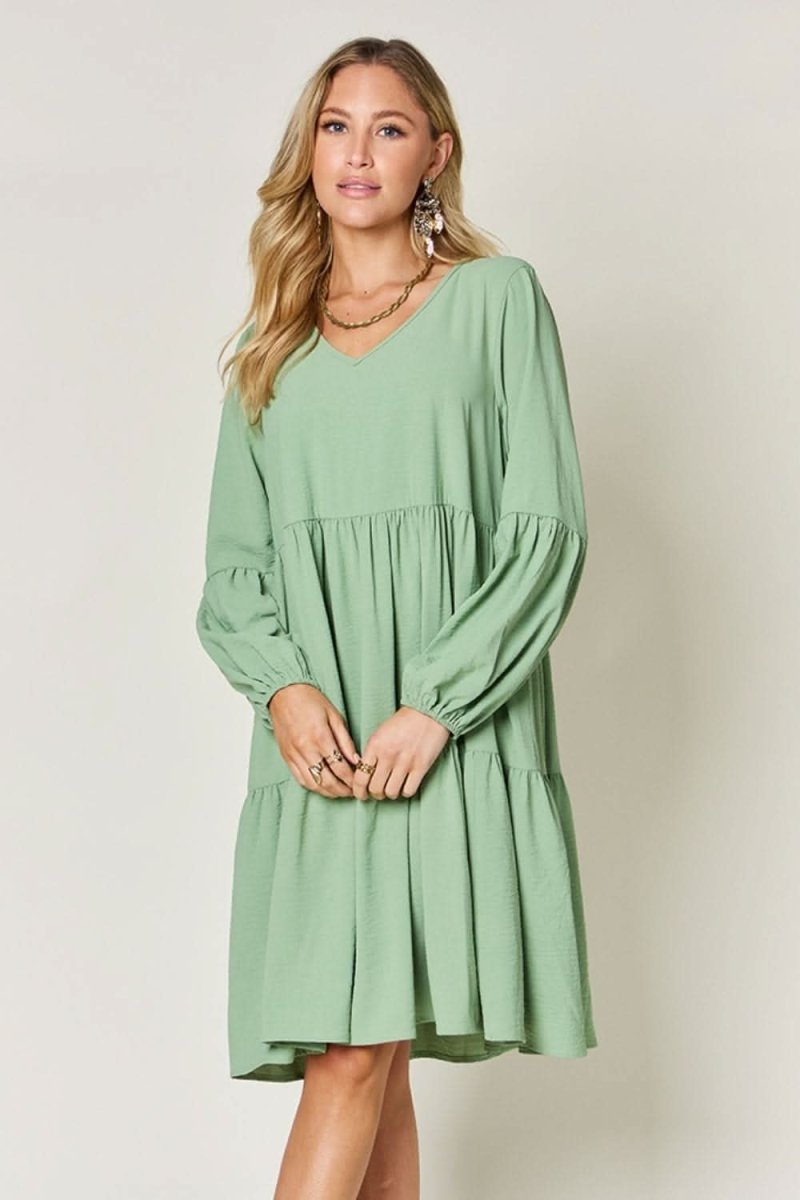 Double Take Full Size V - Neck Balloon Sleeve Tiered Dress - LustMia