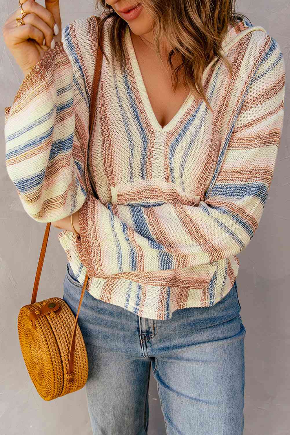 Striped Hooded Sweater with Kangaroo Pocket - LustMia