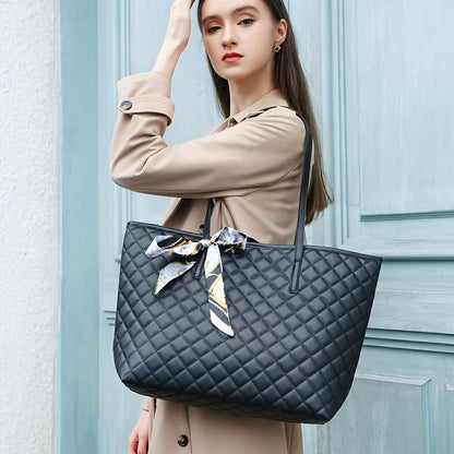 Quilted Tote Bag with Bow - Black, White, and Brown - LustMia