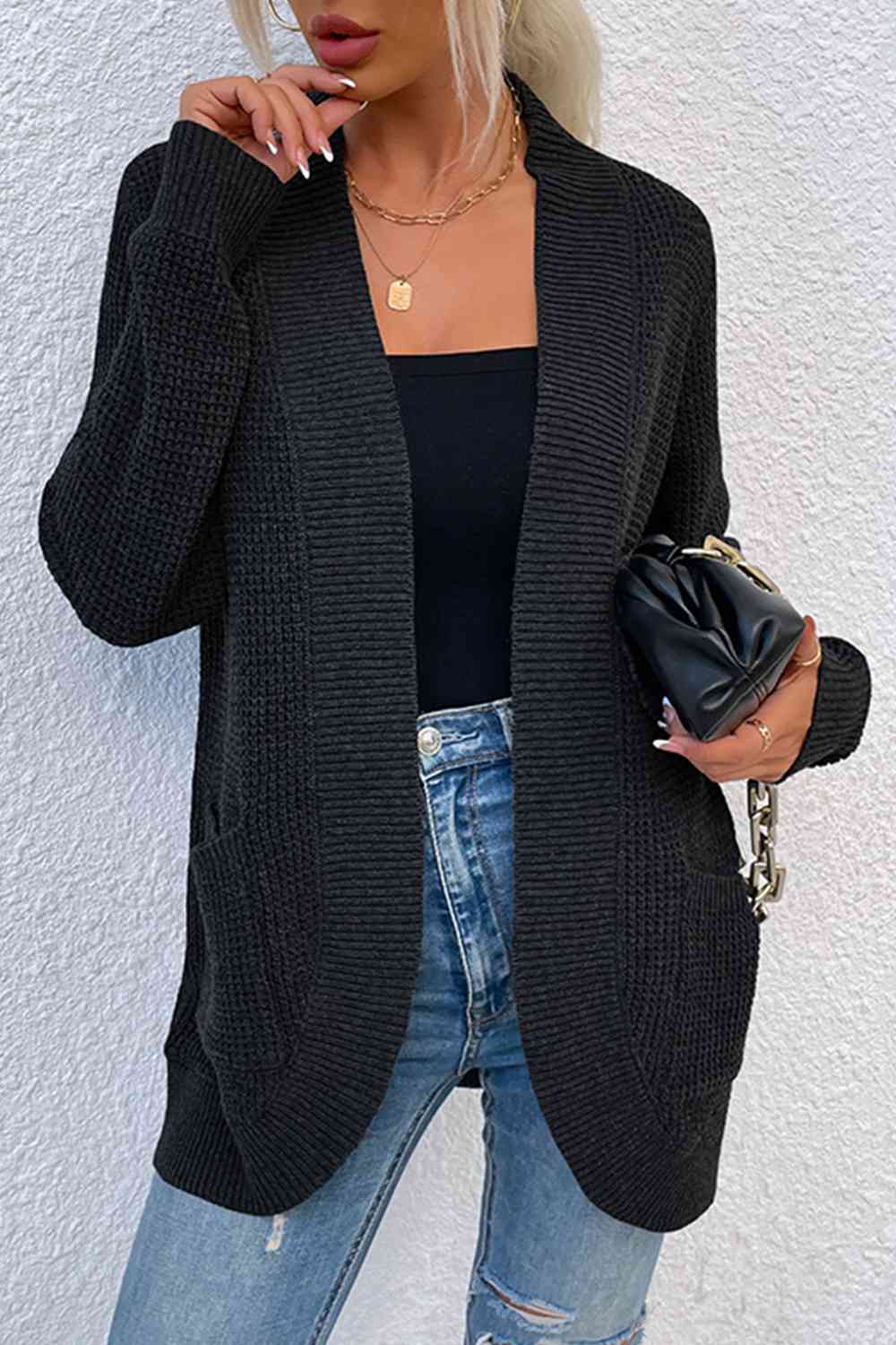 Open Front Rib - Knit Cardigan with Pockets - LustMia