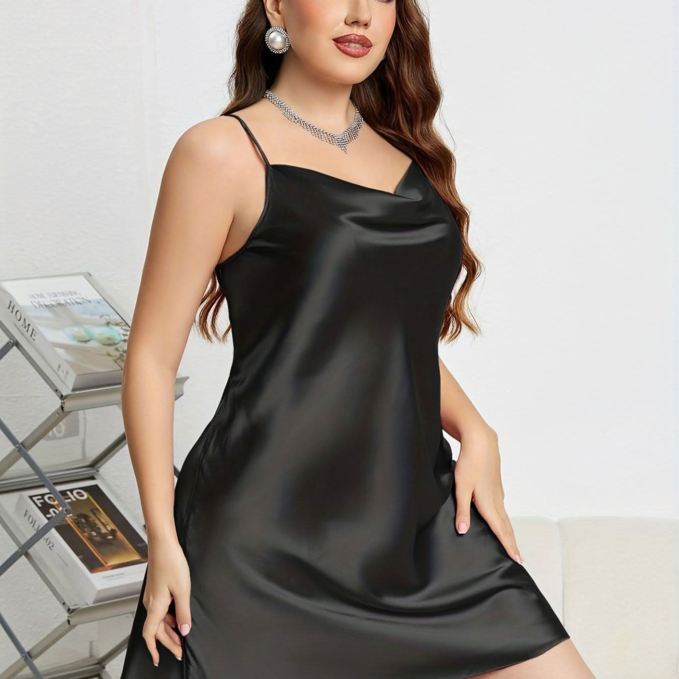 Plus Size Elegant Nightdress, Women's Plus Satin Plain Cowl Neck Slip Dress, Smooth Nightgown - LustMia