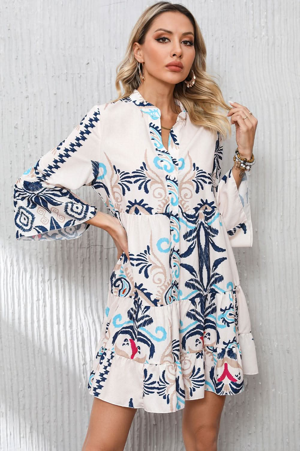 White Printed Tribal Bracelet Sleeve Buttoned Mini Dress - LustMia