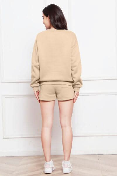 Round Neck Long Sleeve Sweatshirt and Drawstring Shorts Set - LustMia