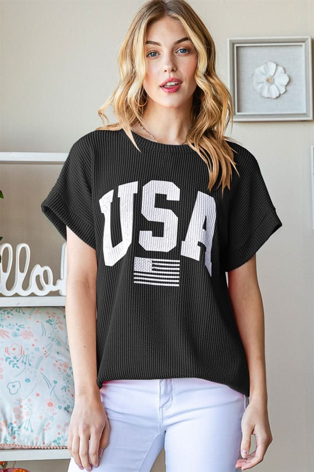 Heimish Full Size USA Graphic Short Sleeve Ribbed Top - LustMia