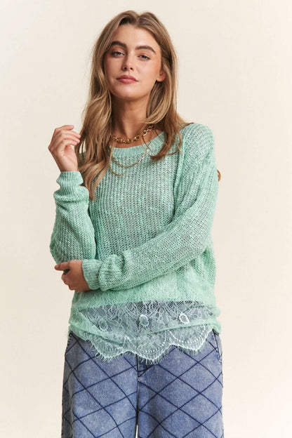 J.NNA Lace Detail Long Sleeve Knit Top - LustMia