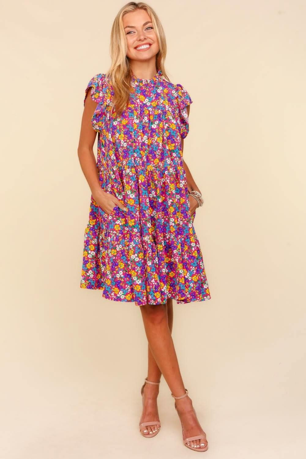 Haptics Frilled Mock Neck Ditsy Floral Dress - LustMia