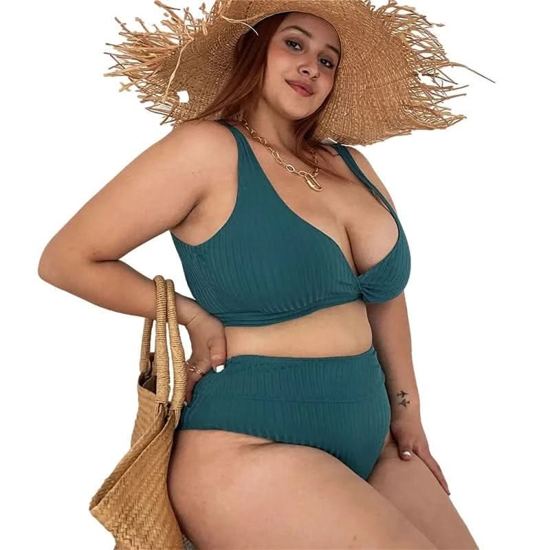 Women Plus Size Bikini Solid Color Bikini Two Piece High Waist Bikini Swimsuit Swimwear Gather Bikini Swimming Beach - LustMia