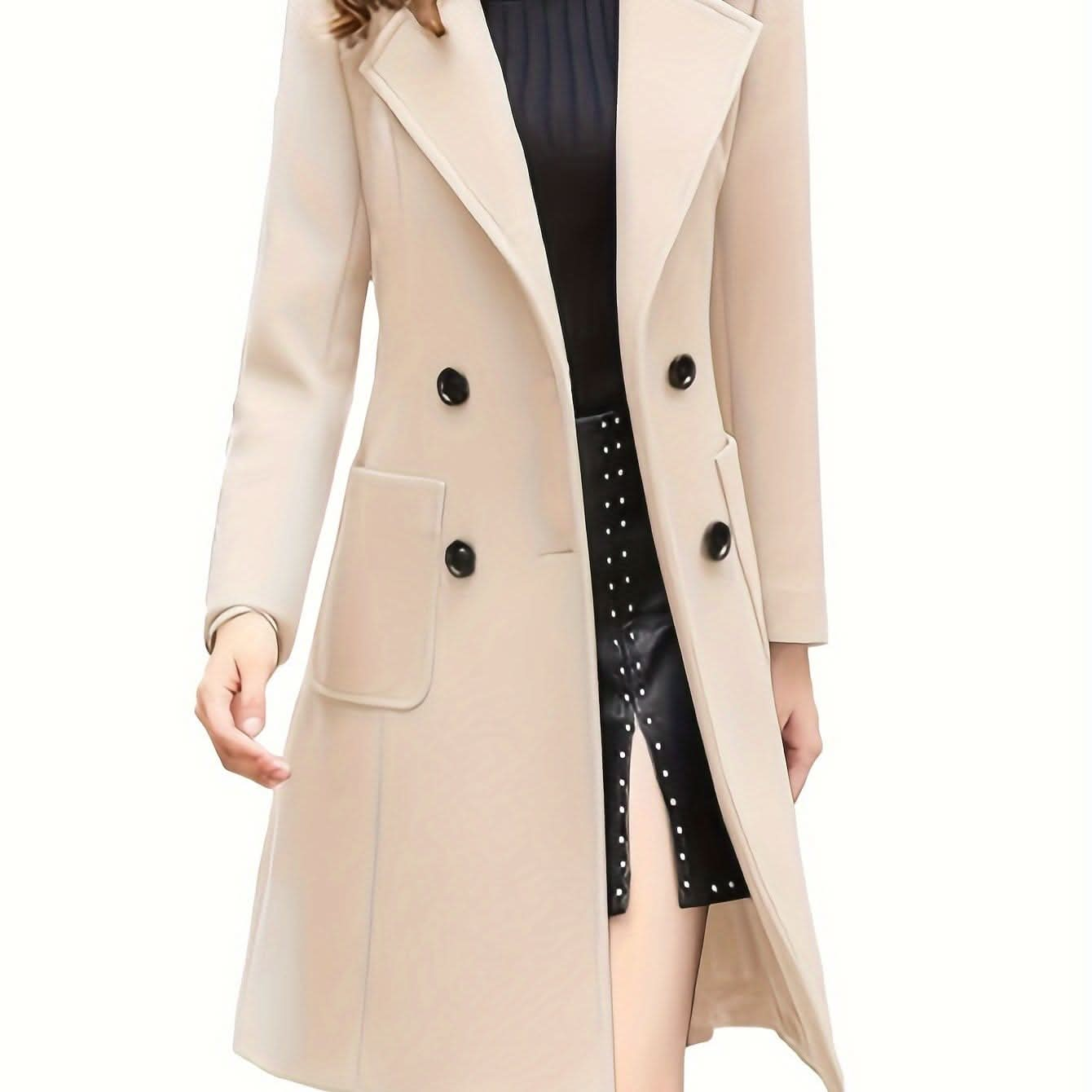 Women Winter Mid - Long Coat Notch Double - Breasted Lapel Jacket Outwear - LustMia