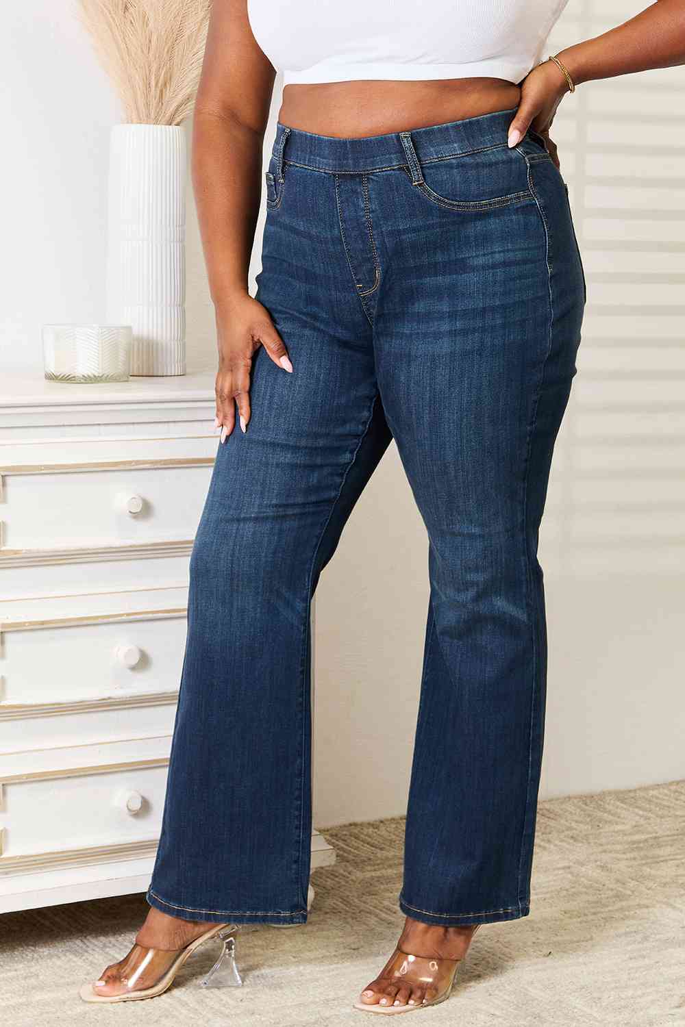 Judy Blue Full Size Elastic Waistband Slim Bootcut Jeans - LustMia