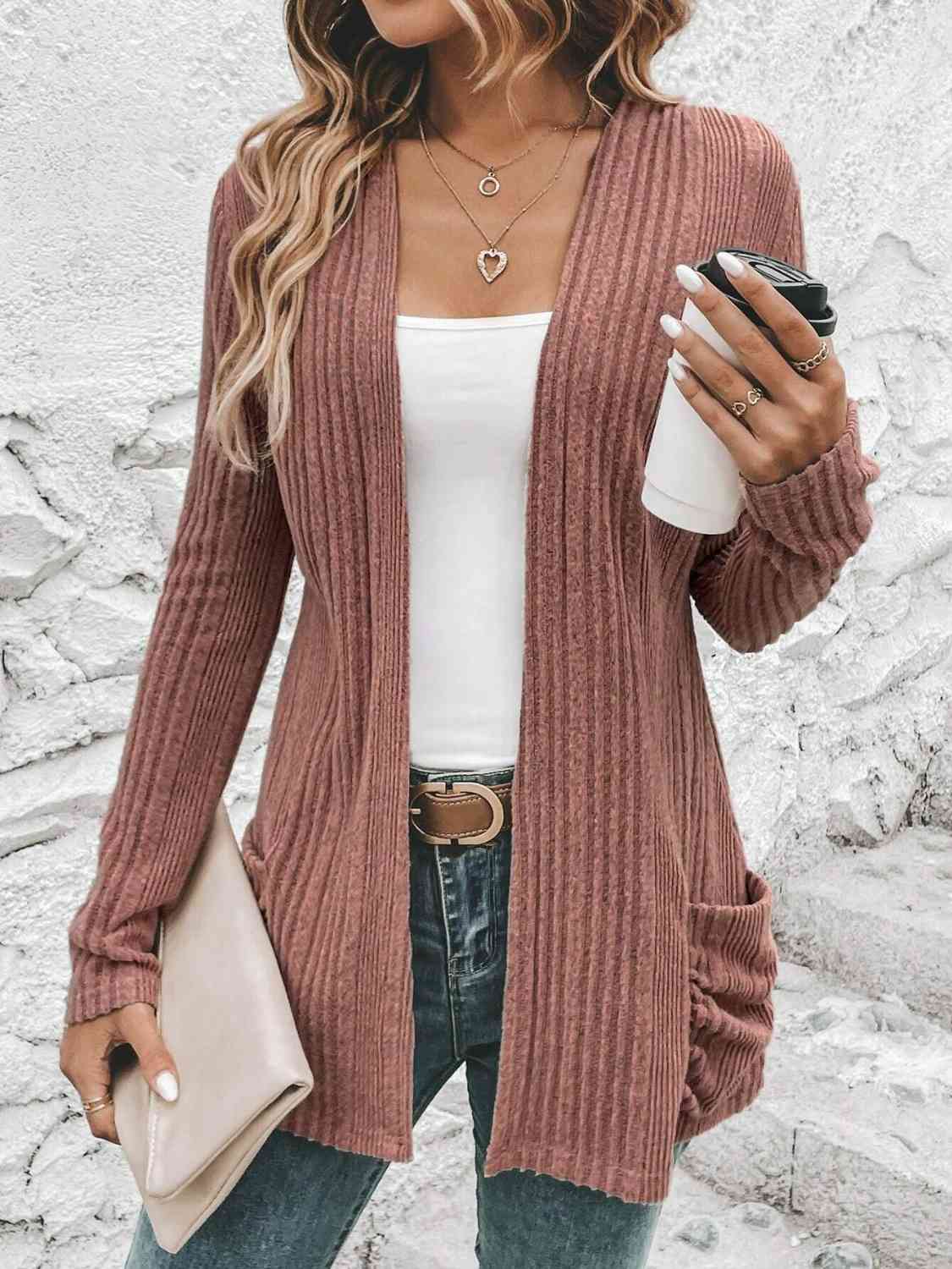 Ribbed Open Front Cardigan with Pockets - LustMia