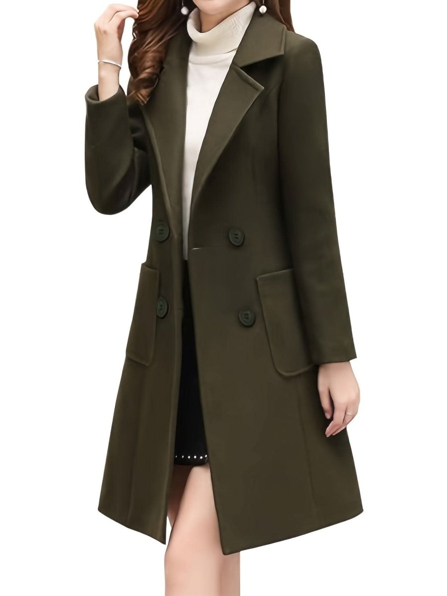 Women Winter Mid - Long Coat Notch Double - Breasted Lapel Jacket Outwear - LustMia