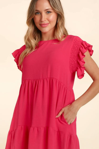 Haptics Full Size Smocking Ruffle Short Sleeve Dress with Pockets - LustMia