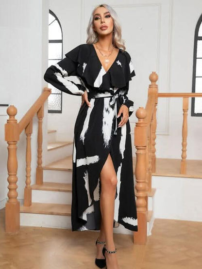 Printed Tie Front Ruffle Trim Long Sleeve Dress - LustMia