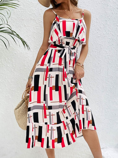 Ruffled Printed Tie Waist Midi Dress - LustMia