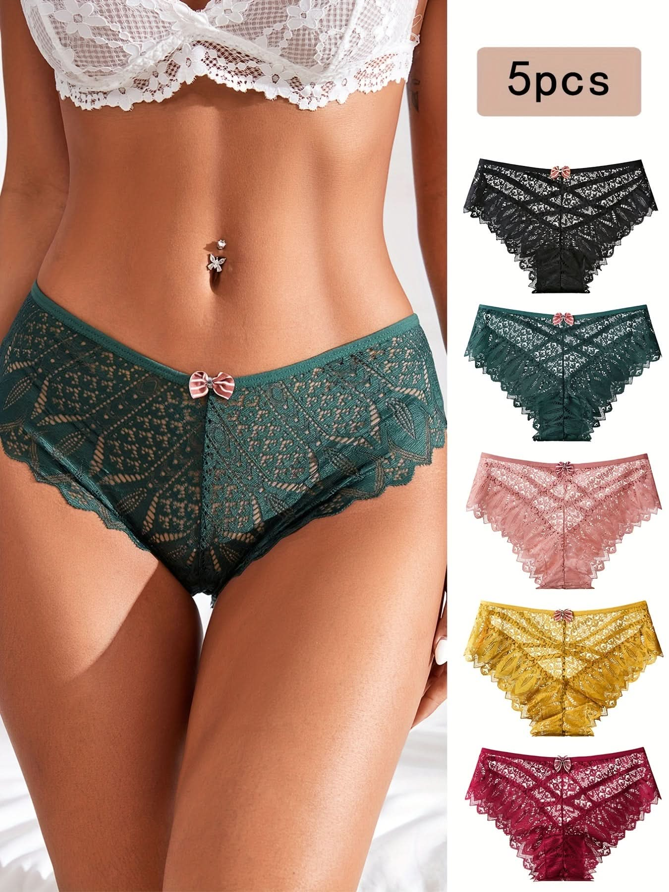 5pcs Floral Lace Bow Tie Panties, Criss Cross Hollow Out Scallop Trim Panties, Women's Lingerie & Underwear - LustMia