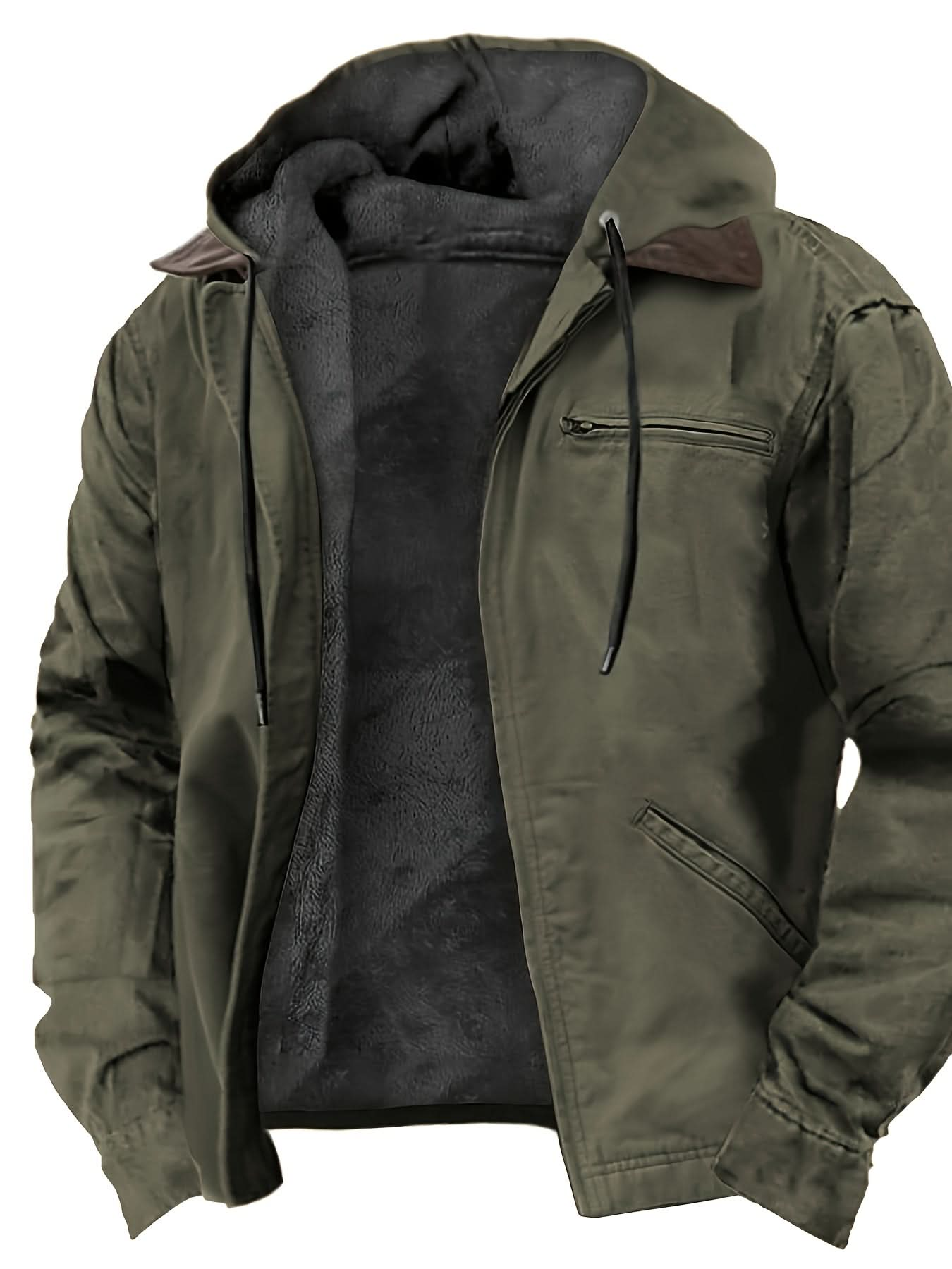 Men's Hoodie Full Zip Hoodie Gray Lining Hoodie Army Green Blue Brown Gray Hooded Solid Color Pocket Sports - LustMia