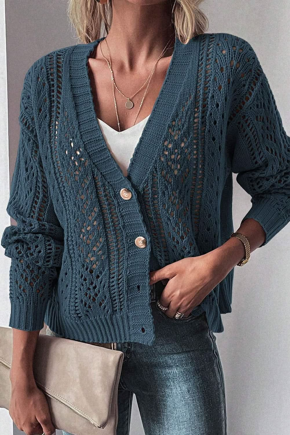 Real Teal Open Knit Drop Shoulder Sweater Cardigan - LustMia