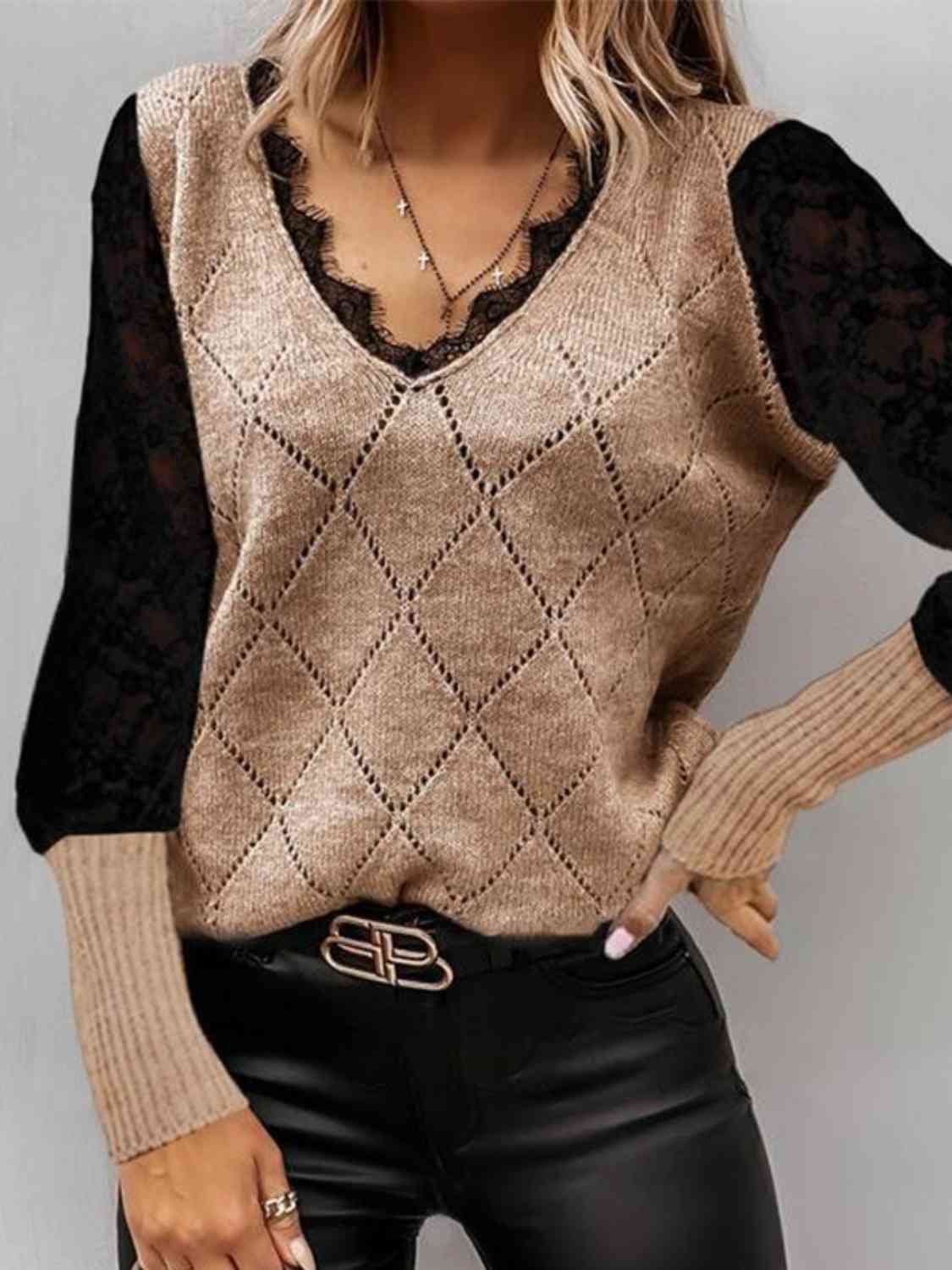 Lace Decor V Neck Two Tone Sweater - LustMia