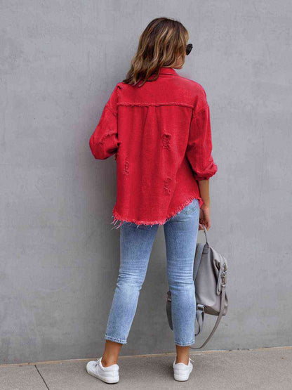 Distressed Drop Shoulder Denim Jacket - LustMia