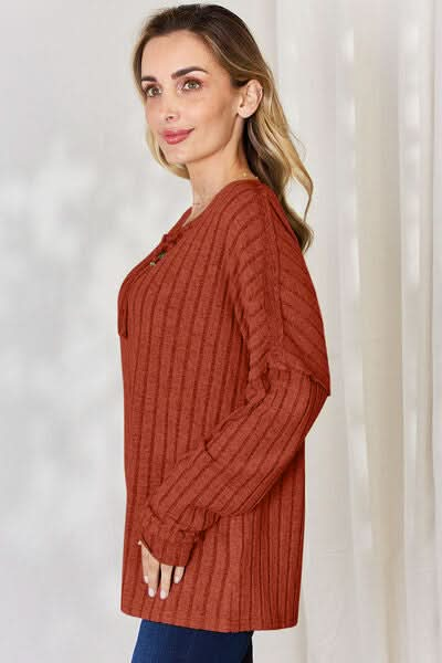 Basic Bae Full Size Ribbed Half Button Long Sleeve T-Shirt - LustMia