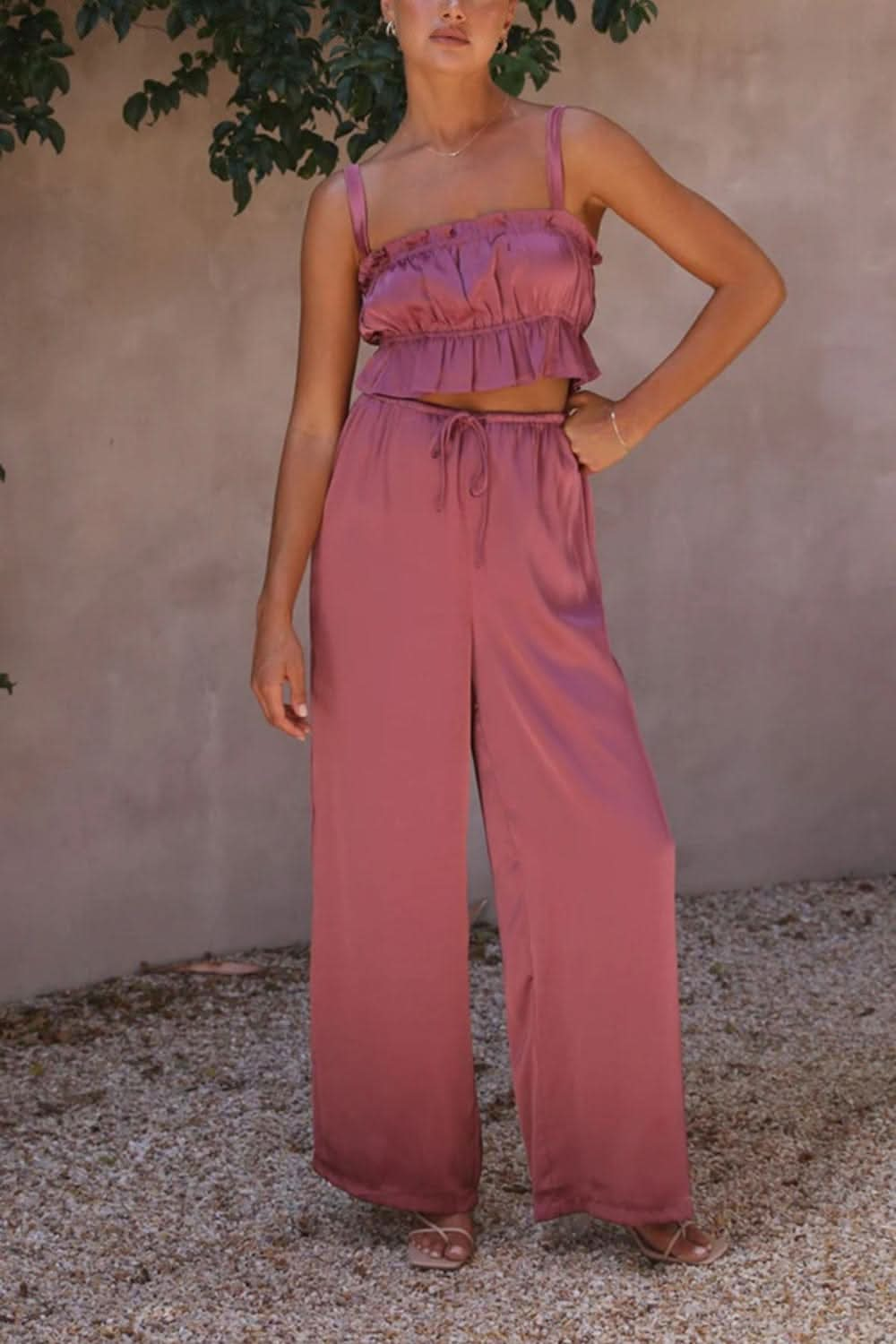 Ruffled Sleeveless Top and Wide Leg Pants Set - By Lustmia - LustMia