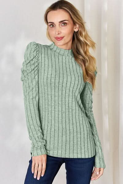 Basic Bae Full Size Ribbed Mock Neck Puff Sleeve T-Shirt - LustMia