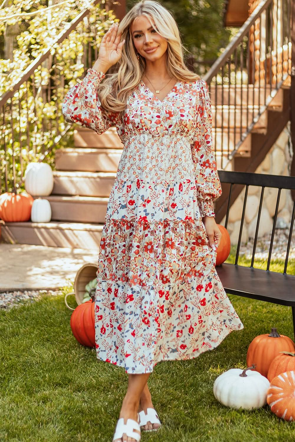 Khaki Floral Print Ruffled Tiered Long Sleeve V Neck Midi Dress - LustMia