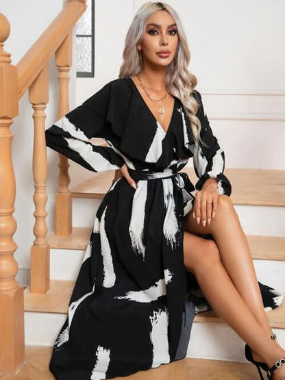 Printed Tie Front Ruffle Trim Long Sleeve Dress - LustMia