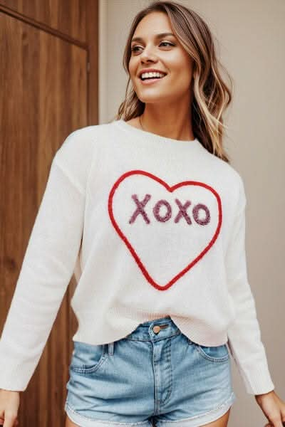 XOXO Heart Round Neck Dropped Shoulder Sweater - LustMia