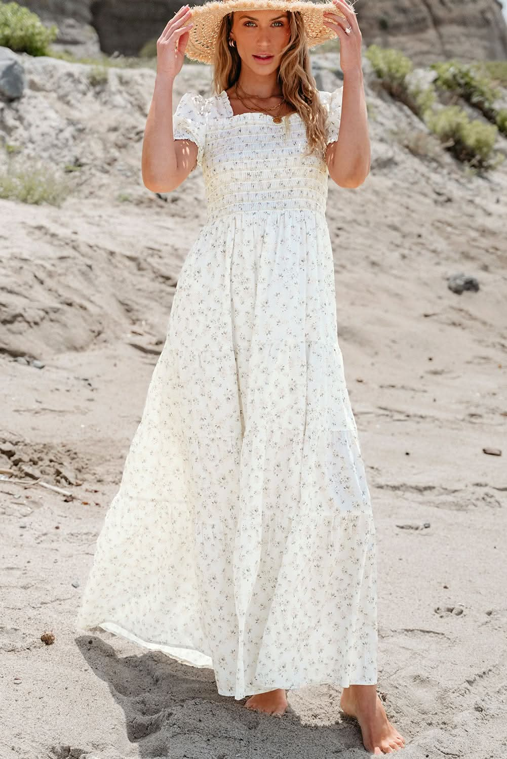 White Tiered Floral Maxi Dress - LustMia