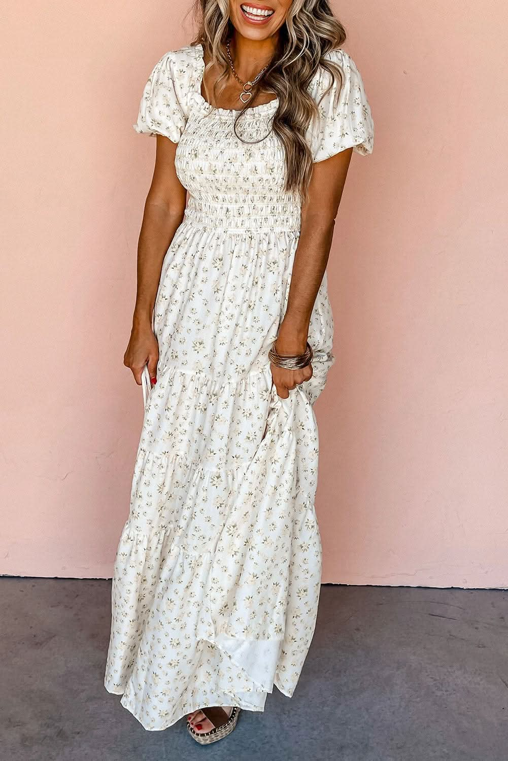 White Tiered Floral Maxi Dress - LustMia