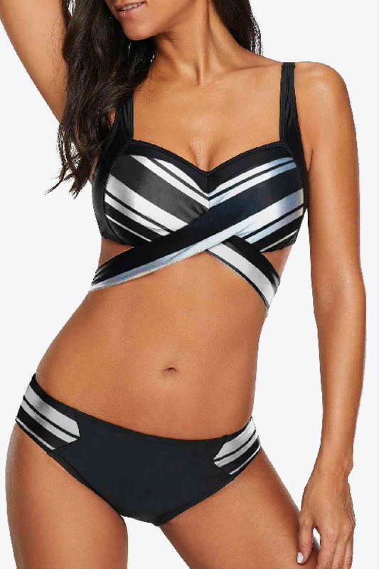 Striped Crisscross Tie - Back Bikini Set - LustMia