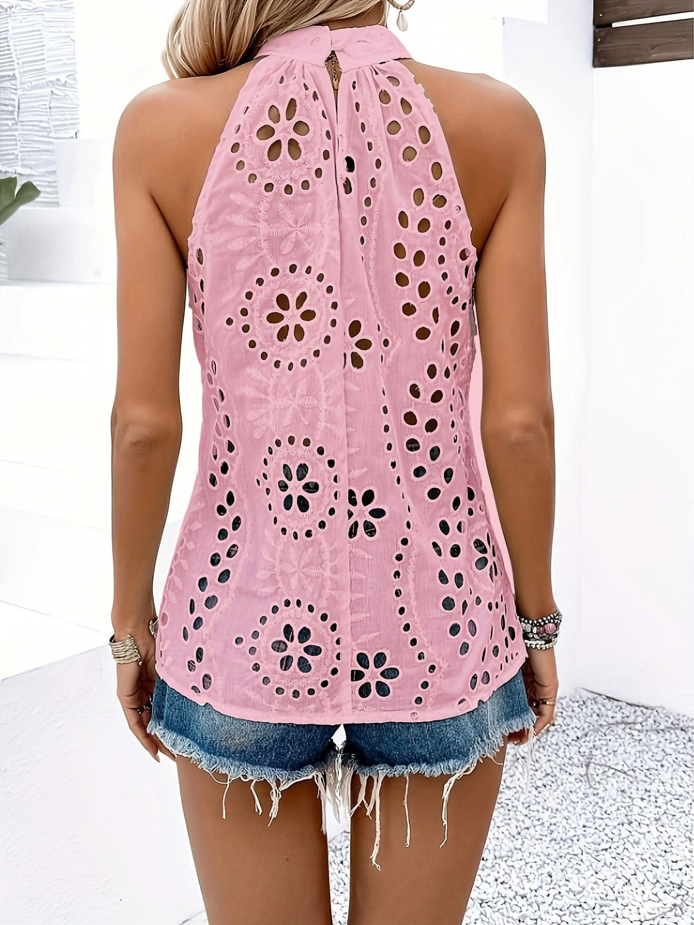 Vibrant Eyelet Embroidered Mock Neck Tank Top - LustMia