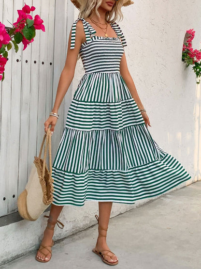 Smocked Striped Square Neck Midi Dress - LustMia