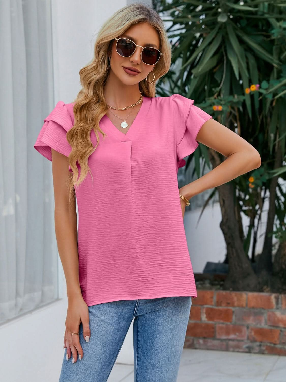 V - Neck Flounce Sleeve Blouse - LustMia