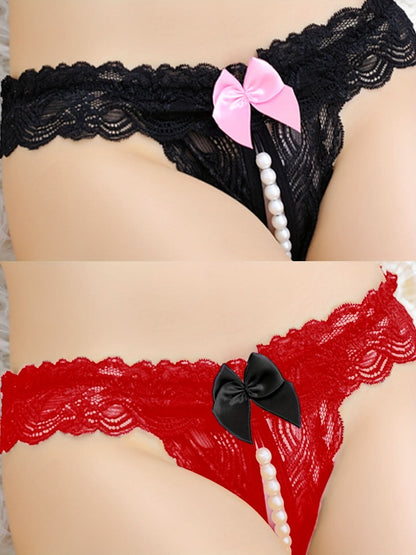 2pcs Floral Lace Thongs, Hollow Out Open Crotch Bow Tie Panties, Women's Sexy Lingerie & Underwear - LustMia