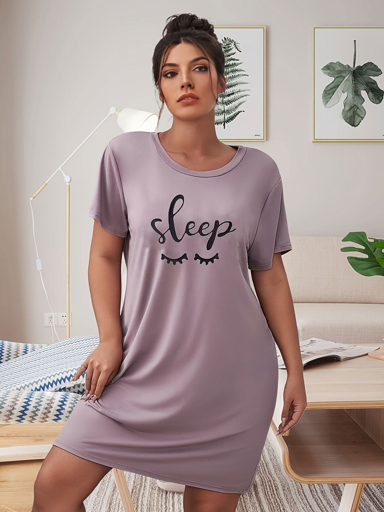 Plus Size Simple Nightdress, Women's Plus Letter & Eyelash Print Short Sleeve Round Neck Medium Stretch Plain Tee Sleep Dress - LustMia