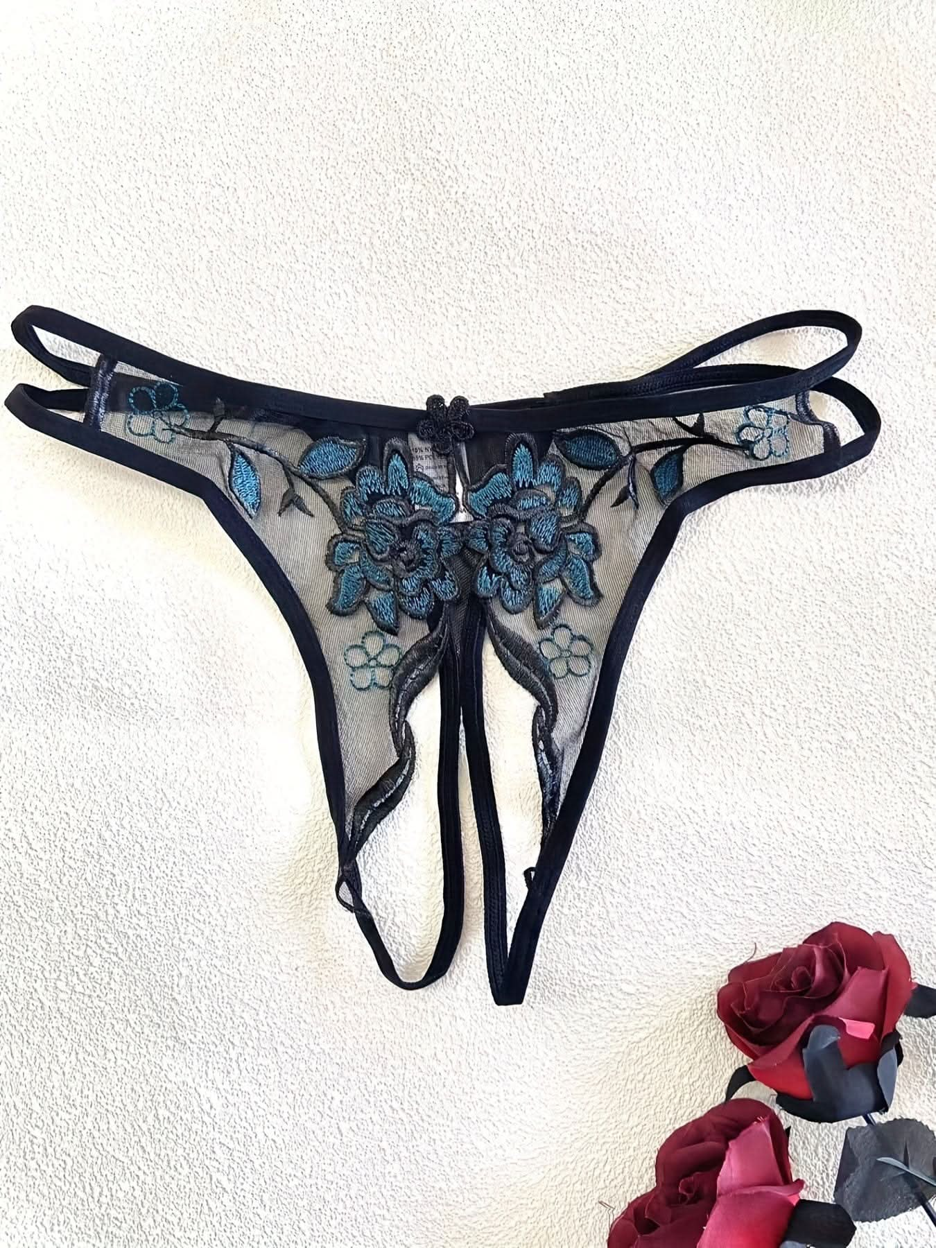 Sexy Floral Embroidery Open Crotch Sheer Panties - Sultry Women's Lingerie & Underwear - LustMia