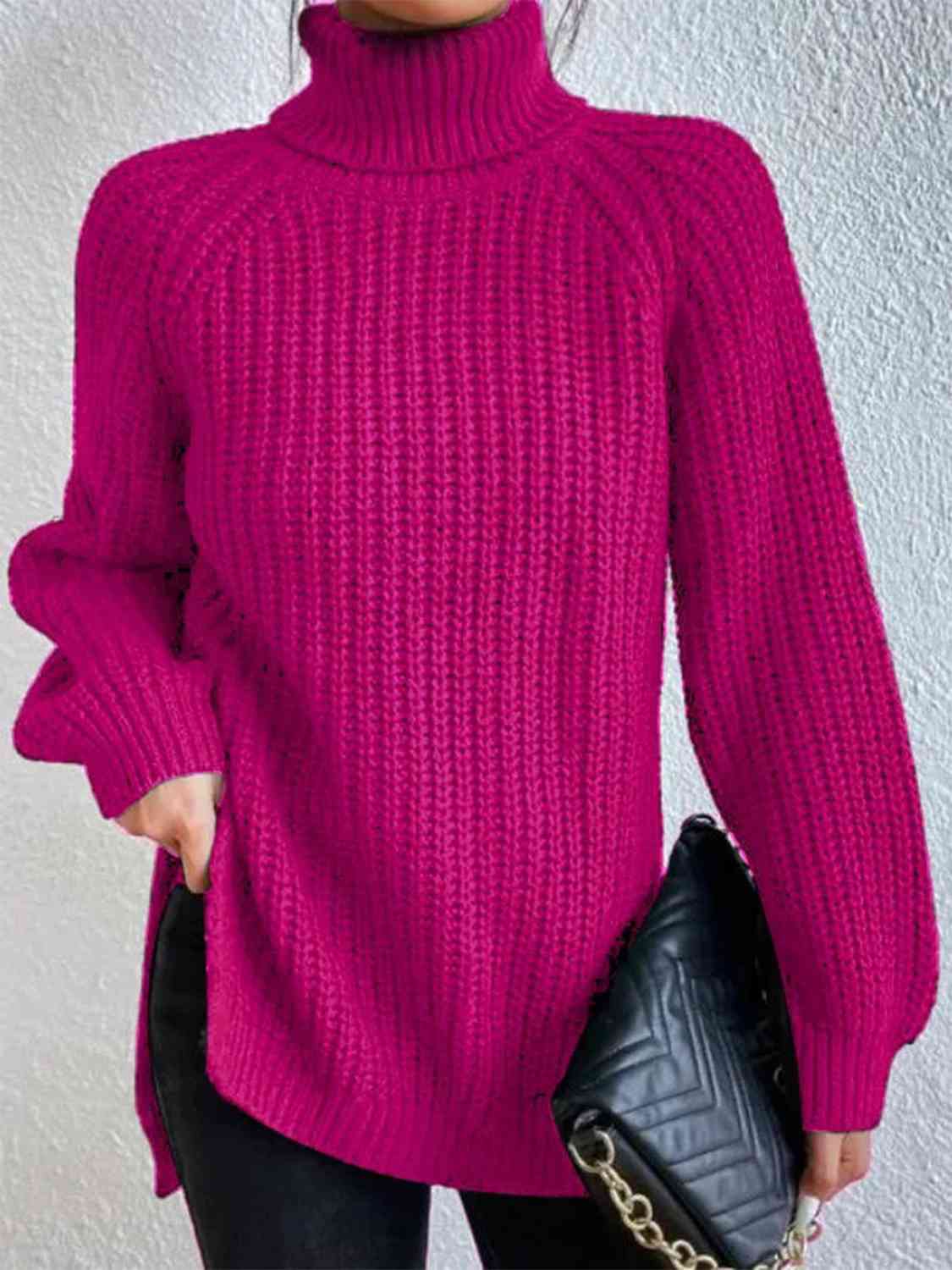 Full Size Turtleneck Rib - Knit Slit Sweater - LustMia