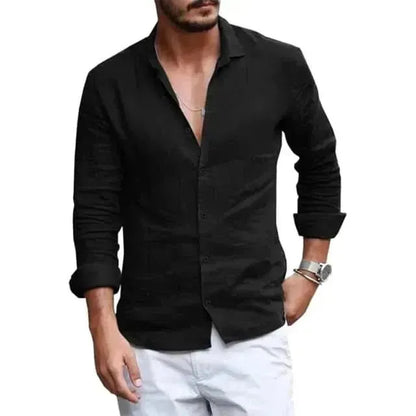 Summer Men Shirt Beach Cotton and Linen Shirts Men Cardigan Tops Long Sleeved Lapel Collar Men Clothing - LustMia