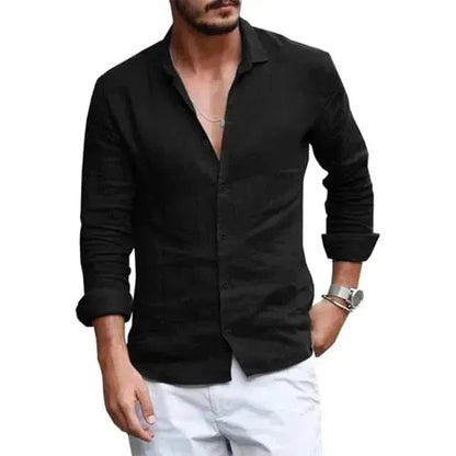 Summer Men Shirt Beach Cotton and Linen Shirts Men Cardigan Tops Long Sleeved Lapel Collar Men Clothing - LustMia