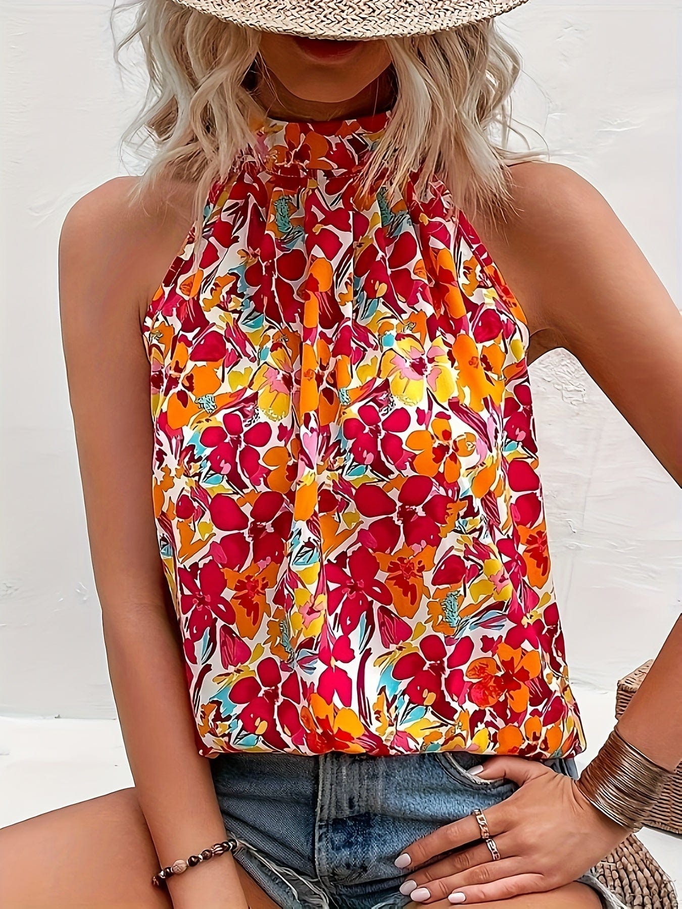 Elegant Floral Halter Neck Top Summer Chic - LustMia