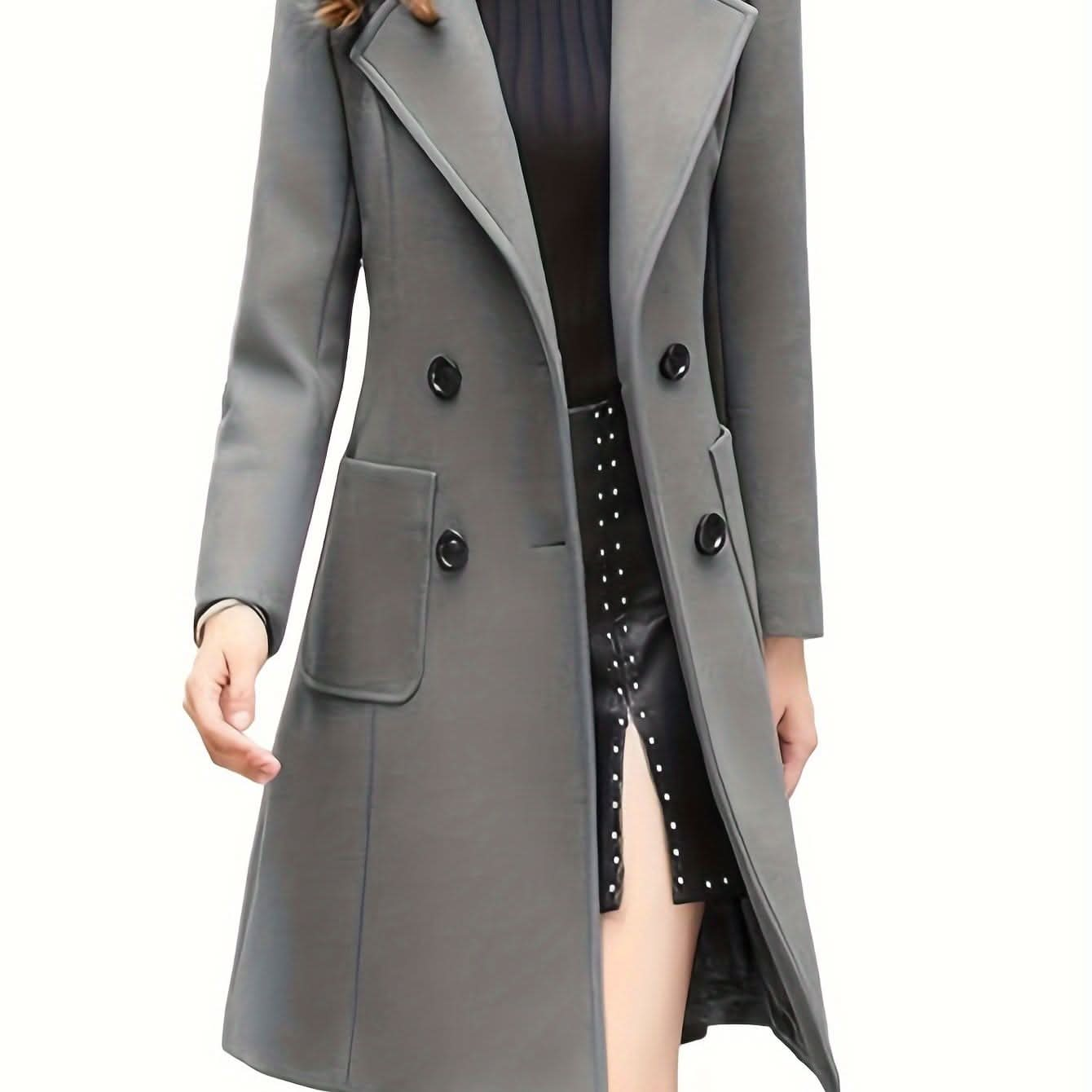 Women Winter Mid - Long Coat Notch Double - Breasted Lapel Jacket Outwear - LustMia