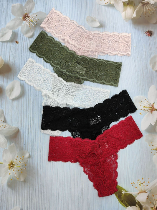 5pcs Floral Lace Thongs, Soft & Comfy Scallop Trim Intimates Panties, Women's Lingerie & Underwear - LustMia