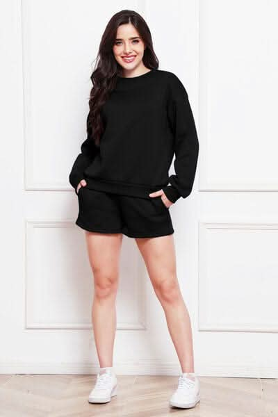 Round Neck Long Sleeve Sweatshirt and Drawstring Shorts Set - LustMia