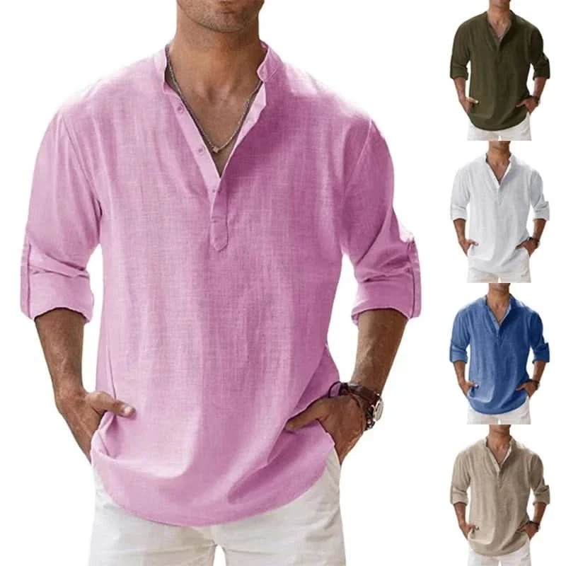 New Men's Linen Long Sleeve T-Shirts Breathable Shirt Casual Basic Cotton Linen Shirt Tops S - 5XL - LustMia