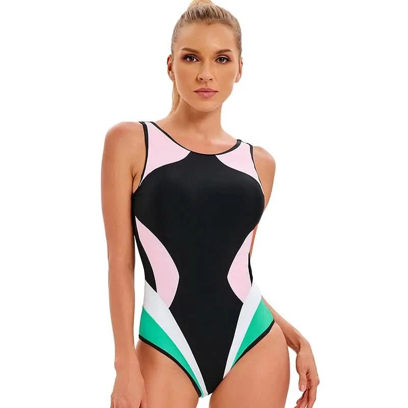 AGELICALOVE Patchwork Sport One Pieces Swimsuit Women Tummy Control Monokini Brazilians Bathing Suits Pool Beach Wear Swimwear - LustMia